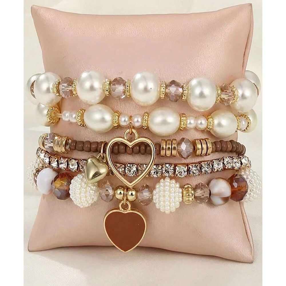 5pc Pearl & Crystal Beaded Bracelet Set Heart Pendant Stretch Mult Layer Chunky - Picture 2 of 3